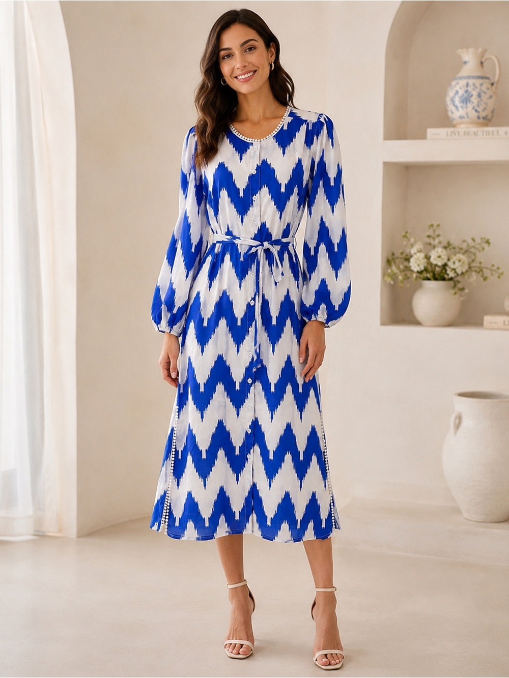 Beulah NWT Blue White Ikat Chevron Belted Midi Dress Pearl Trim